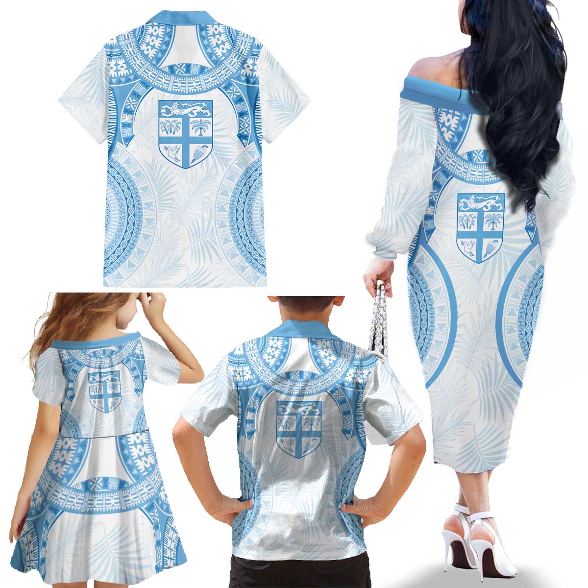 Bula Fiji Day 55th Anniversary Masi Tapa Family Matching Off The Shoulder Long Sleeve Dress and Hawaiian Shirt Emerald Jubilee - Turquoise - Polynesian Pride