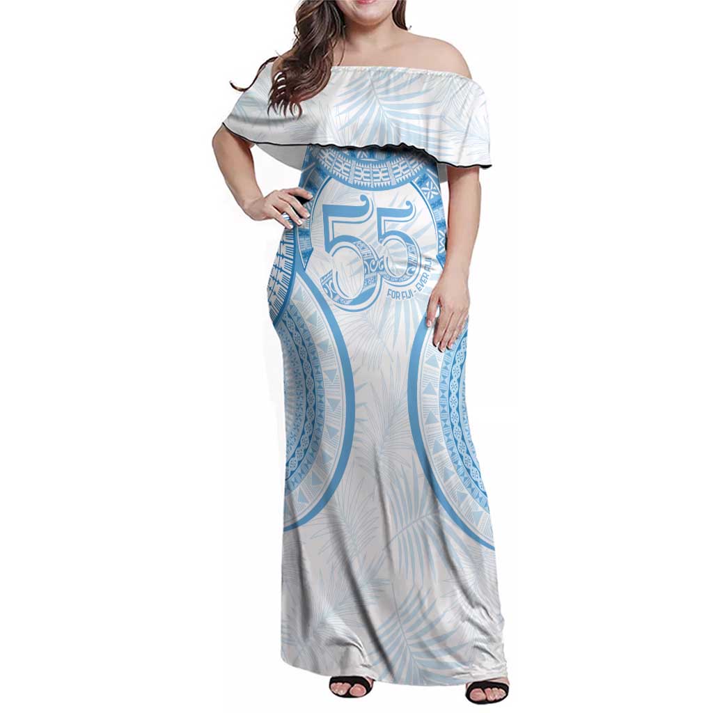 Bula Fiji Day 55th Anniversary Masi Tapa Family Matching Off Shoulder Maxi Dress and Hawaiian Shirt Emerald Jubilee - Turquoise - Polynesian Pride