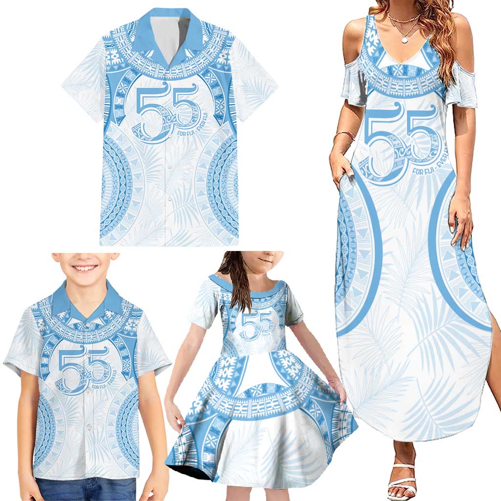 Bula Fiji Day 55th Anniversary Masi Tapa Family Matching Summer Maxi Dress and Hawaiian Shirt Emerald Jubilee - Turquoise - Polynesian Pride