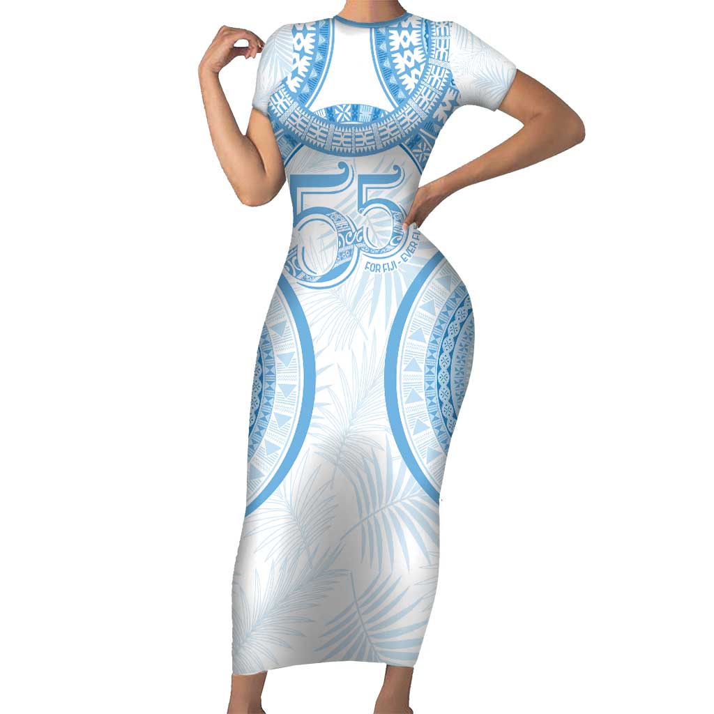 Bula Fiji Day 55th Anniversary Masi Tapa Short Sleeve Bodycon Dress Emerald Jubilee - Turquoise - Polynesian Pride