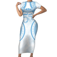 Bula Fiji Day 55th Anniversary Masi Tapa Short Sleeve Bodycon Dress Emerald Jubilee - Turquoise - Polynesian Pride