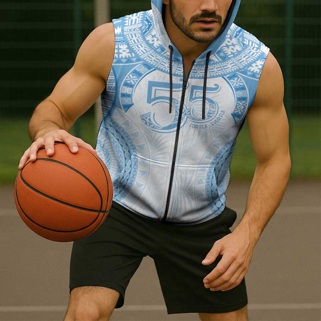 Bula Fiji Day 55th Anniversary Masi Tapa Sleeveless Zip Hoodie Emerald Jubilee - Turquoise LT7 - Polynesian Pride