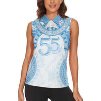 Bula Fiji Day 55th Anniversary Masi Tapa Women Sleeveless Polo Shirt Emerald Jubilee - Turquoise - Polynesian Pride