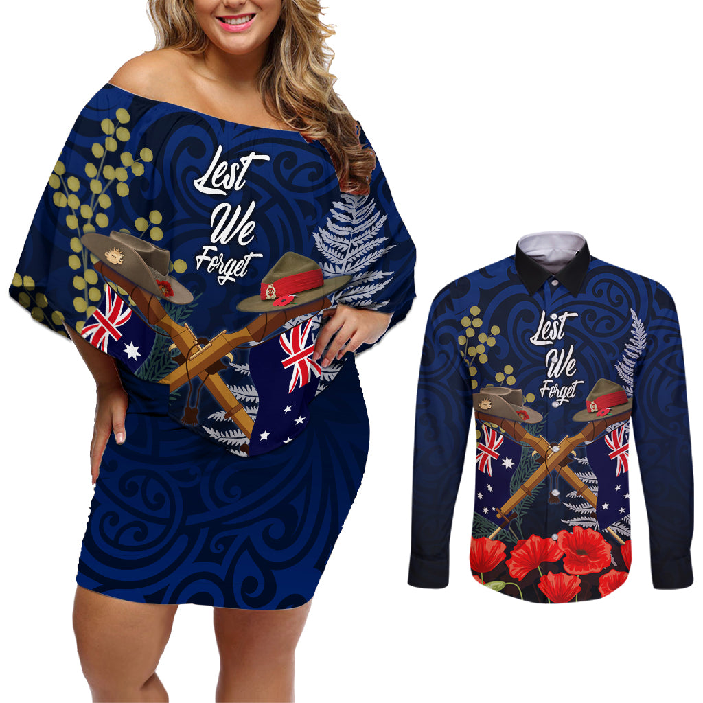 Anzac Day Aussie Mix Maori In Memories Couples Matching Off Shoulder Short Dress and Long Sleeve Button Shirt LT7 Blue - Polynesian Pride