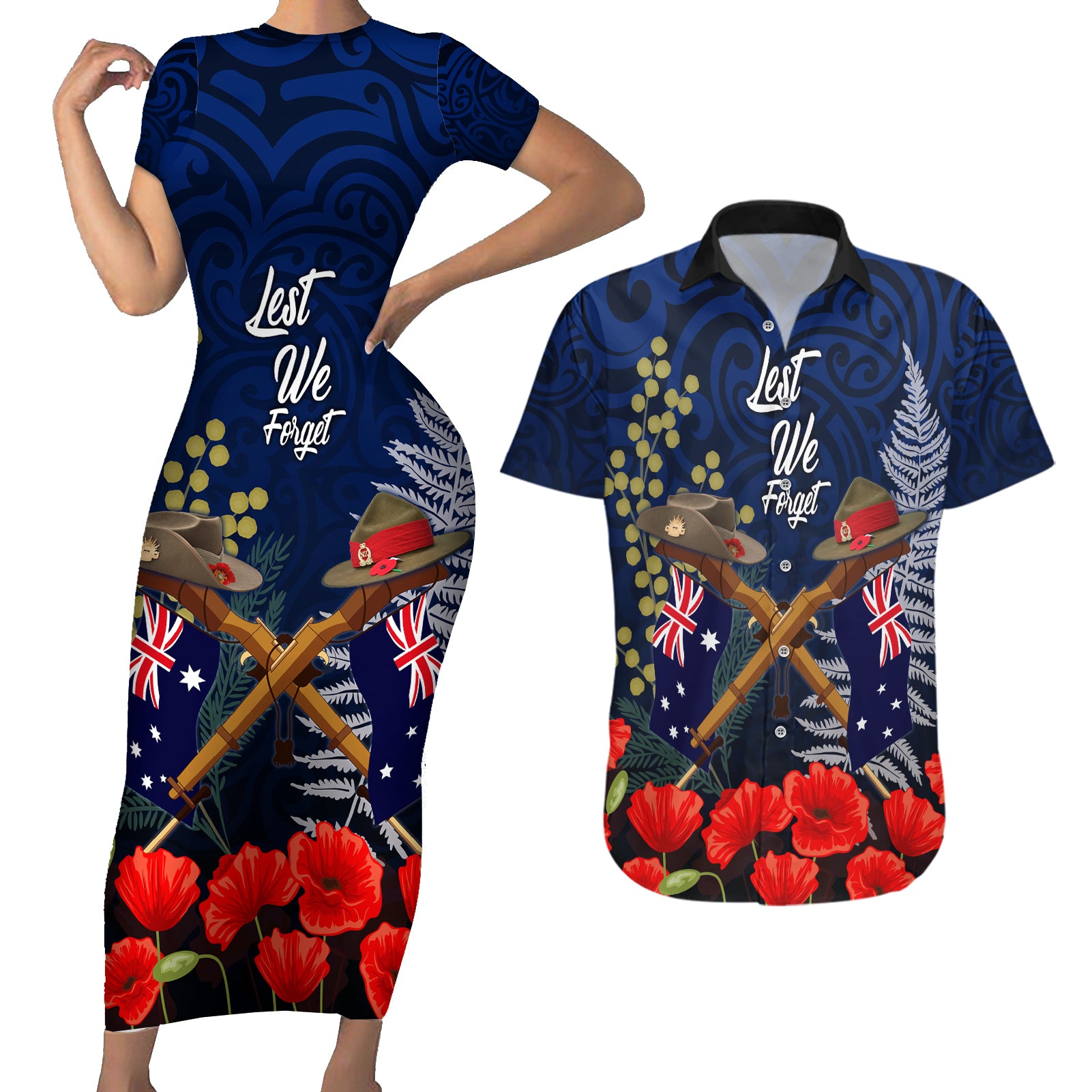 Anzac Day Aussie Mix Maori In Memories Couples Matching Short Sleeve Bodycon Dress and Hawaiian Shirt LT7 Blue - Polynesian Pride