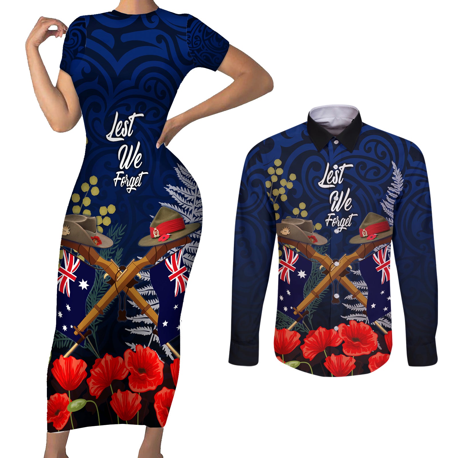 Anzac Day Aussie Mix Maori In Memories Couples Matching Short Sleeve Bodycon Dress and Long Sleeve Button Shirt LT7 Blue - Polynesian Pride