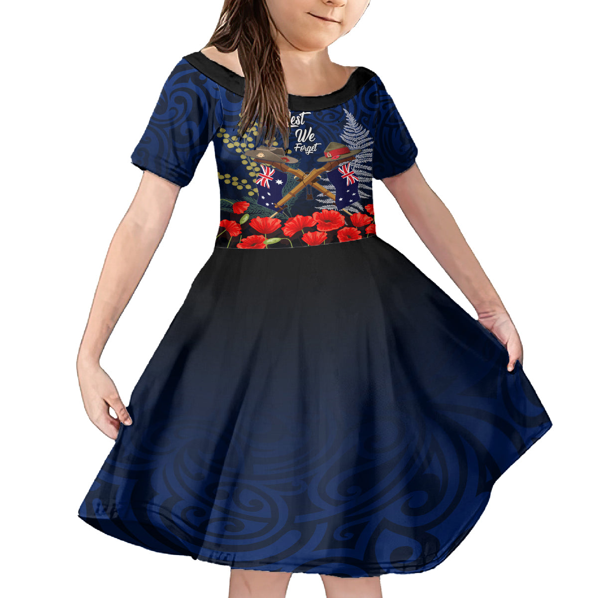 Anzac Day Aussie Mix Maori In Memories Kid Short Sleeve Dress LT7 KID Blue - Polynesian Pride