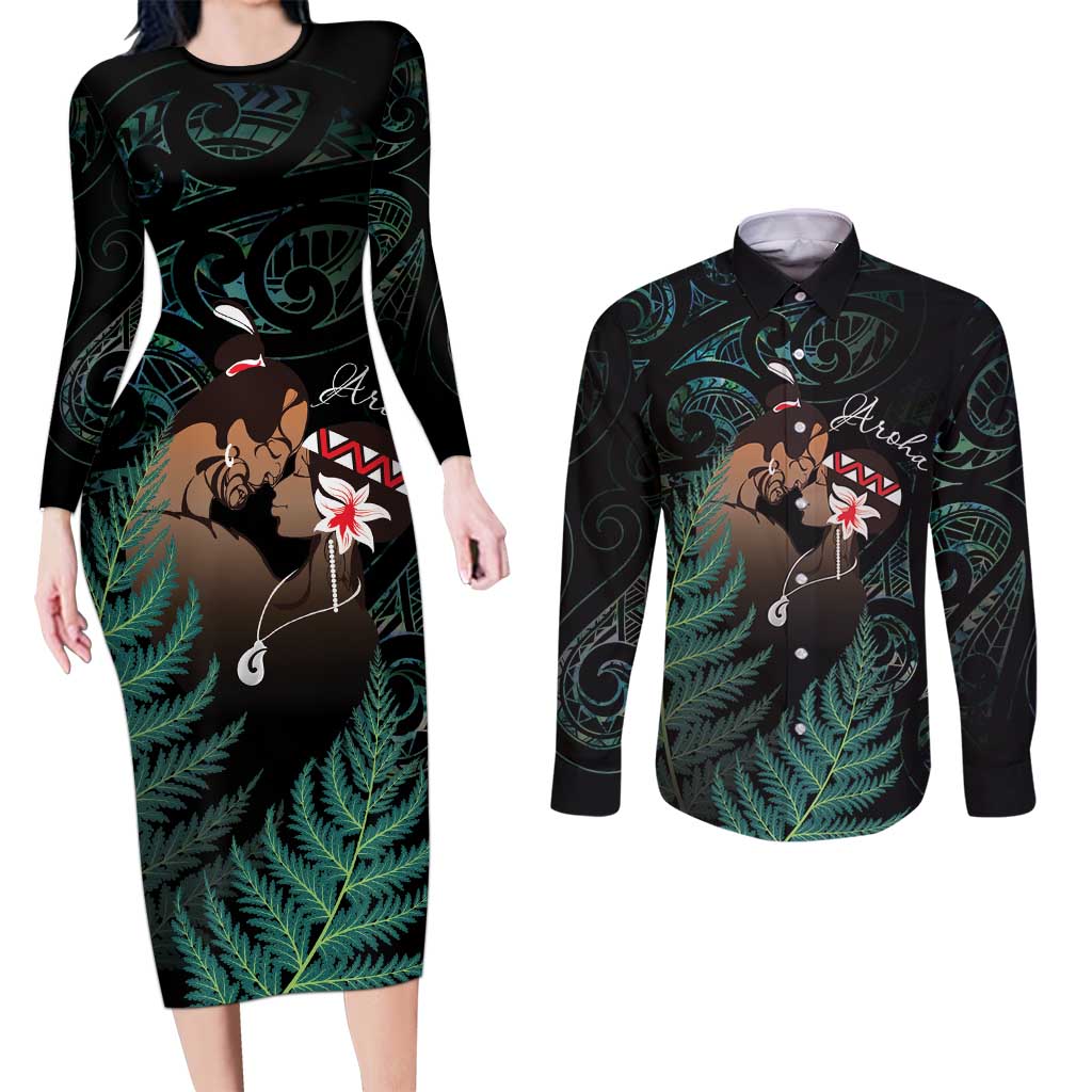 Maori Hongi Valentine Couples Matching Long Sleeve Bodycon Dress and Long Sleeve Button Shirt Aroha Ahau Ki A Koe LT7 Emerald - Polynesian Pride