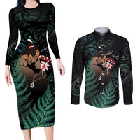 Maori Hongi Valentine Couples Matching Long Sleeve Bodycon Dress and Long Sleeve Button Shirt Aroha Ahau Ki A Koe LT7 Emerald - Polynesian Pride