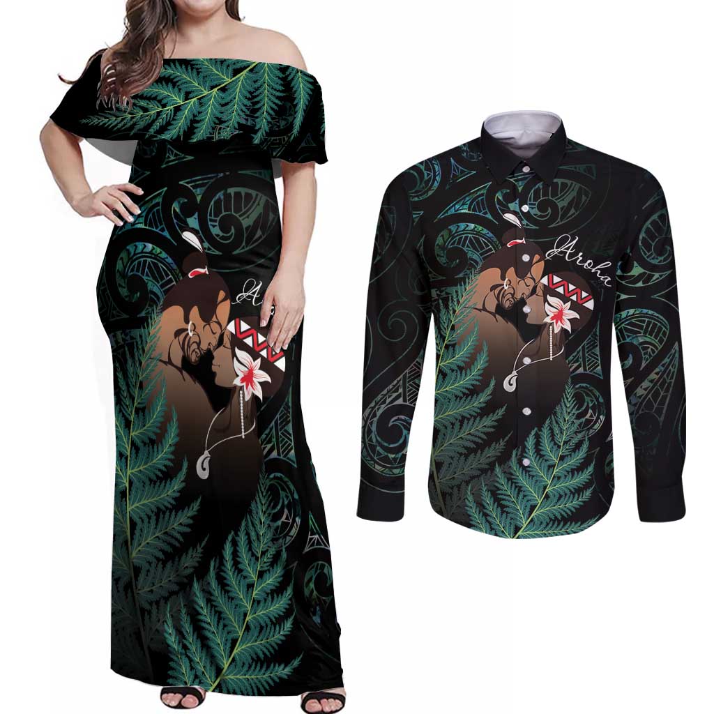 Maori Hongi Valentine Couples Matching Off Shoulder Maxi Dress and Long Sleeve Button Shirt Aroha Ahau Ki A Koe LT7 Emerald - Polynesian Pride