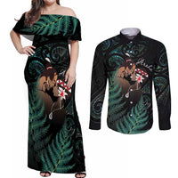 Maori Hongi Valentine Couples Matching Off Shoulder Maxi Dress and Long Sleeve Button Shirt Aroha Ahau Ki A Koe LT7 Emerald - Polynesian Pride