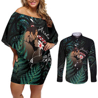 Maori Hongi Valentine Couples Matching Off Shoulder Short Dress and Long Sleeve Button Shirt Aroha Ahau Ki A Koe LT7 Emerald - Polynesian Pride