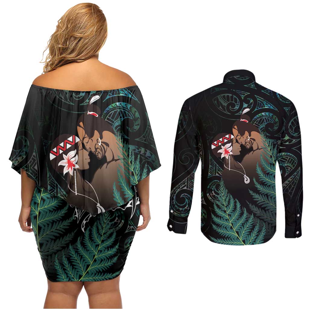 Maori Hongi Valentine Couples Matching Off Shoulder Short Dress and Long Sleeve Button Shirt Aroha Ahau Ki A Koe LT7 - Polynesian Pride