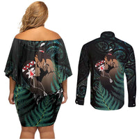 Maori Hongi Valentine Couples Matching Off Shoulder Short Dress and Long Sleeve Button Shirt Aroha Ahau Ki A Koe LT7 - Polynesian Pride