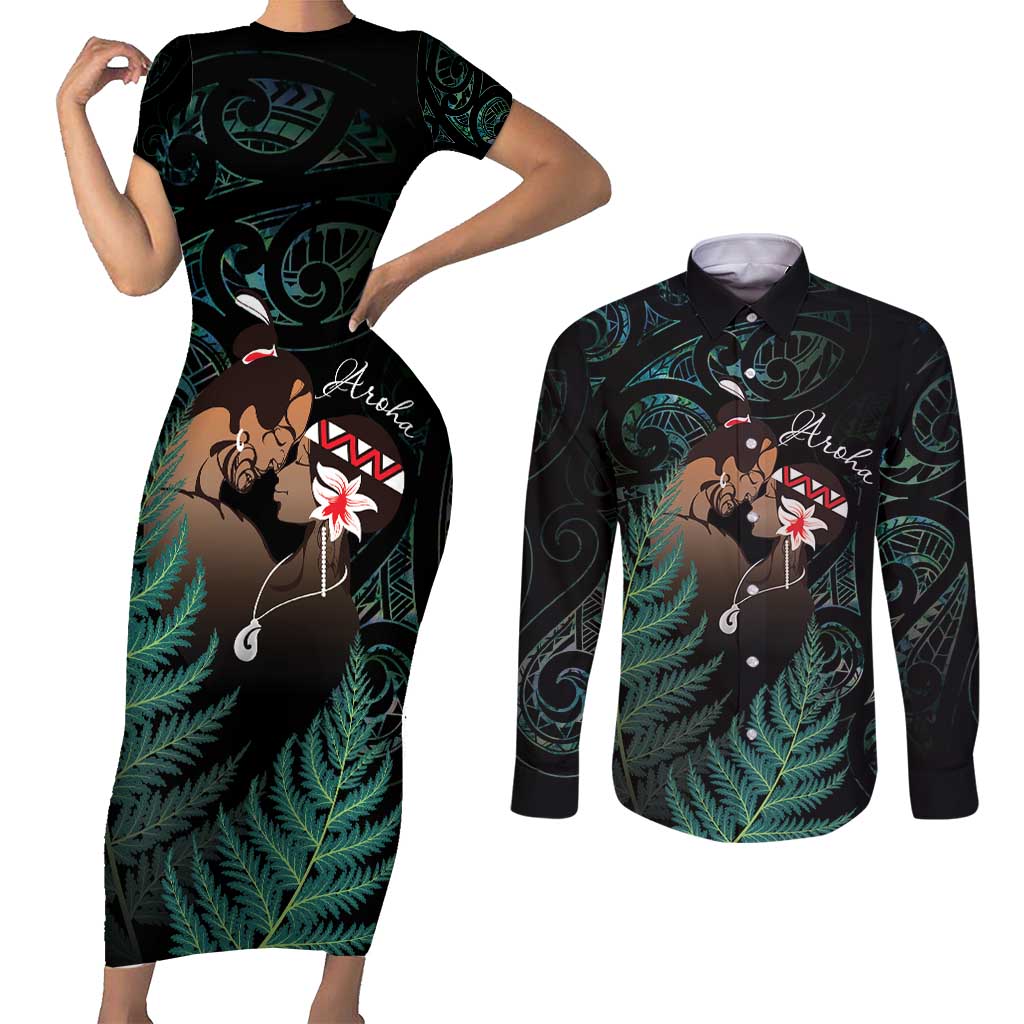 Maori Hongi Valentine Couples Matching Short Sleeve Bodycon Dress and Long Sleeve Button Shirt Aroha Ahau Ki A Koe LT7 Emerald - Polynesian Pride