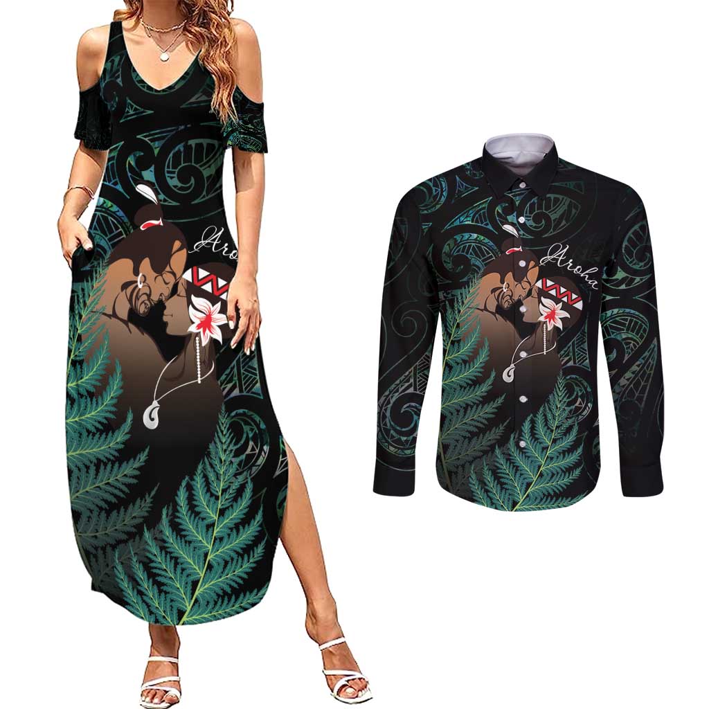 Maori Hongi Valentine Couples Matching Summer Maxi Dress and Long Sleeve Button Shirt Aroha Ahau Ki A Koe LT7 Emerald - Polynesian Pride