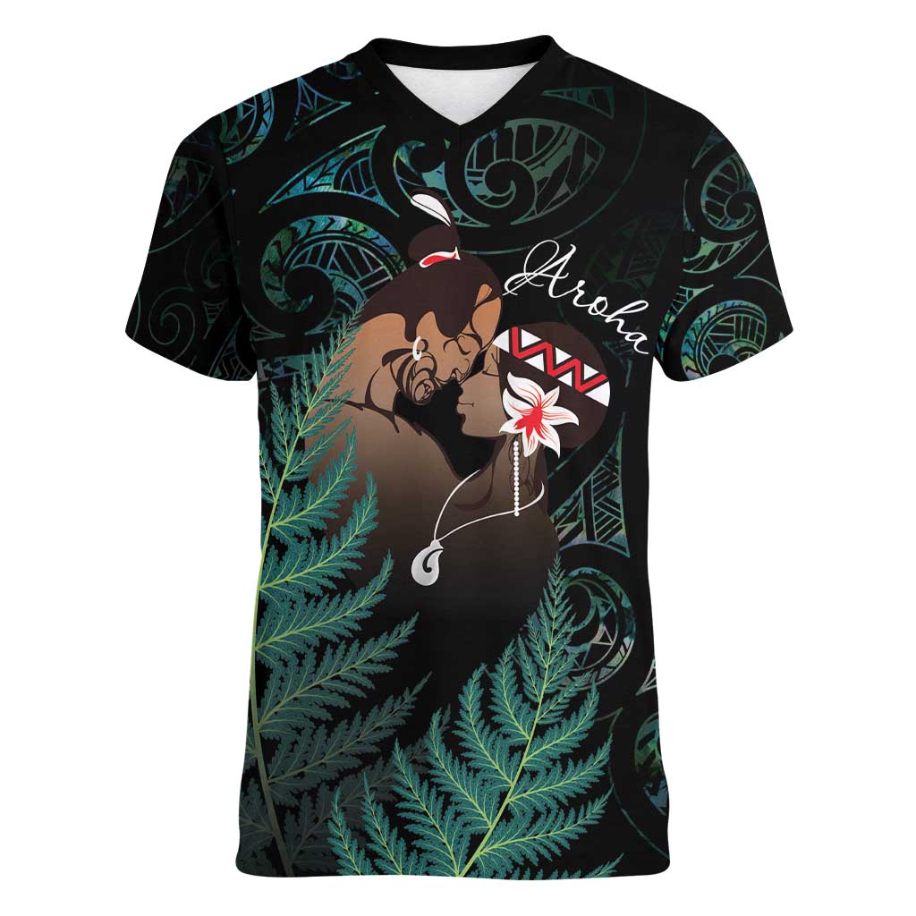 Maori Hongi Valentine Women V-Neck T-Shirt Aroha Ahau Ki A Koe LT7 Female Emerald - Polynesian Pride