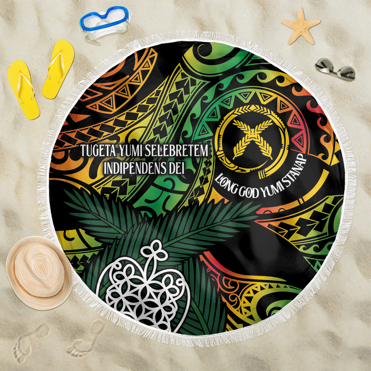 Vanuatu Indipendens Dei Beach Blanket Mix Traditional Sand Drawing LT7 One Size 150cm Colorful - Polynesian Pride