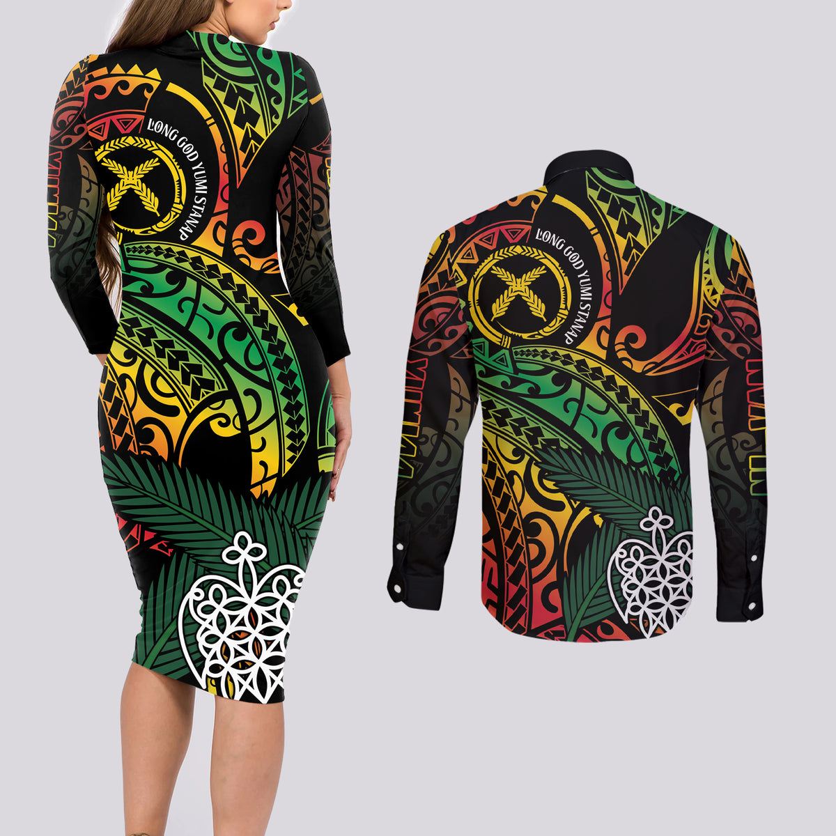Vanuatu Indipendens Dei Couples Matching Long Sleeve Bodycon Dress and Long Sleeve Button Shirt Mix Traditional Sand Drawing LT7 - Polynesian Pride