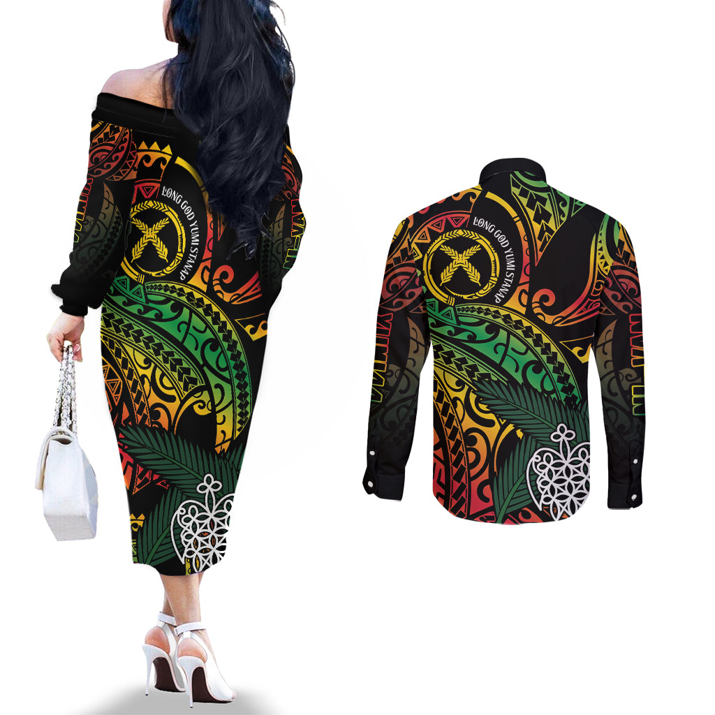 Vanuatu Indipendens Dei Couples Matching Off The Shoulder Long Sleeve Dress and Long Sleeve Button Shirt Mix Traditional Sand Drawing LT7 - Polynesian Pride