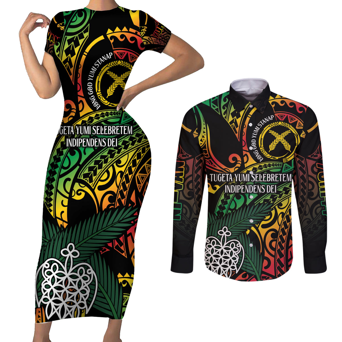 Vanuatu Indipendens Dei Couples Matching Short Sleeve Bodycon Dress and Long Sleeve Button Shirt Mix Traditional Sand Drawing LT7 Colorful - Polynesian Pride