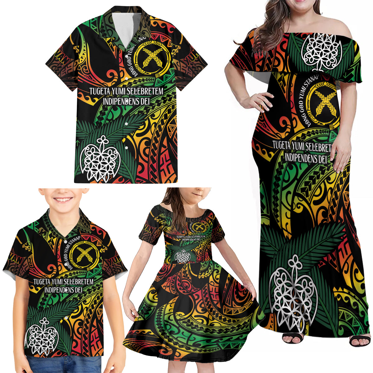 Vanuatu Indipendens Dei Family Matching Off Shoulder Maxi Dress and Hawaiian Shirt Mix Traditional Sand Drawing LT7 - Polynesian Pride
