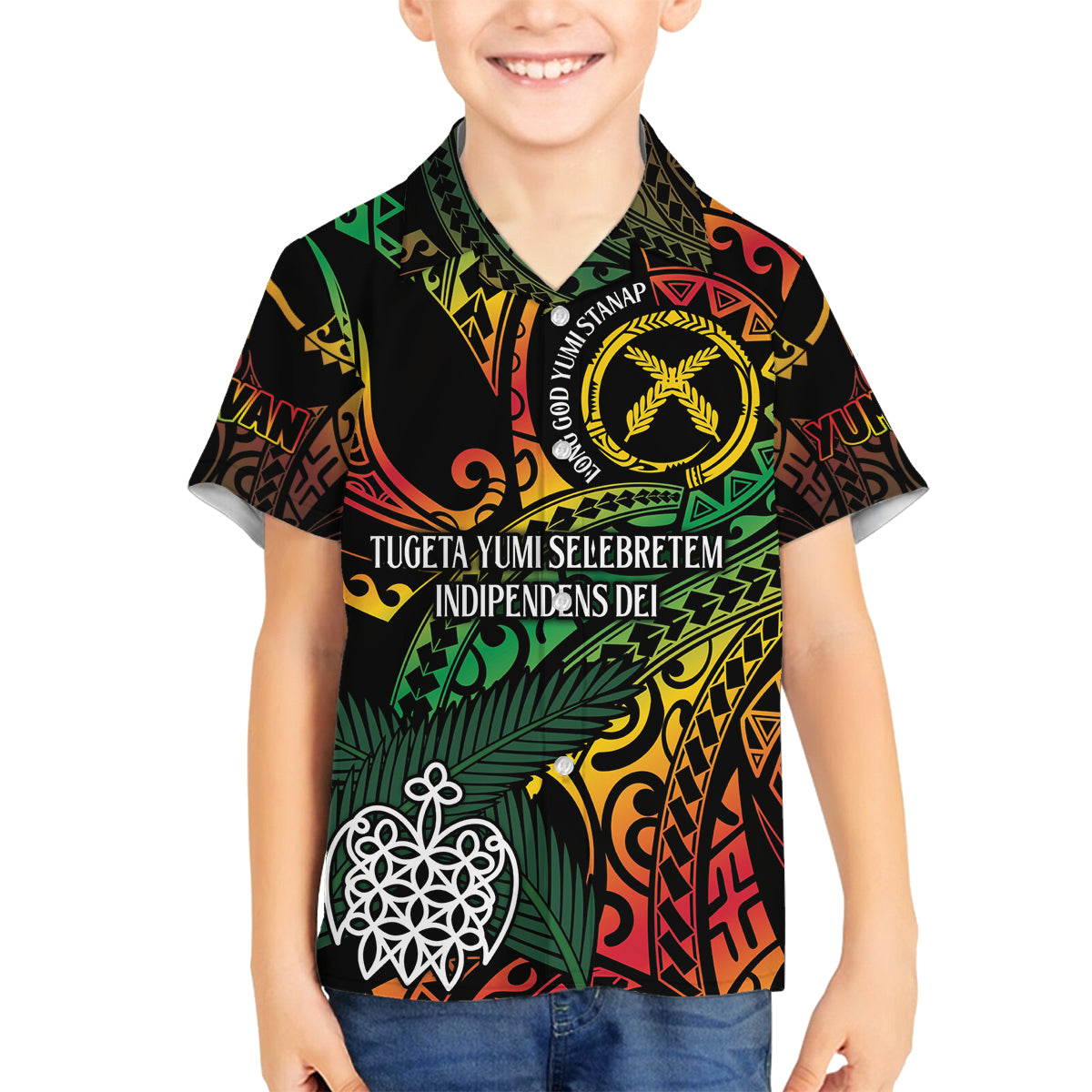 Vanuatu Indipendens Dei Family Matching Off Shoulder Short Dress and Hawaiian Shirt Mix Traditional Sand Drawing LT7 Son's Shirt Colorful - Polynesian Pride