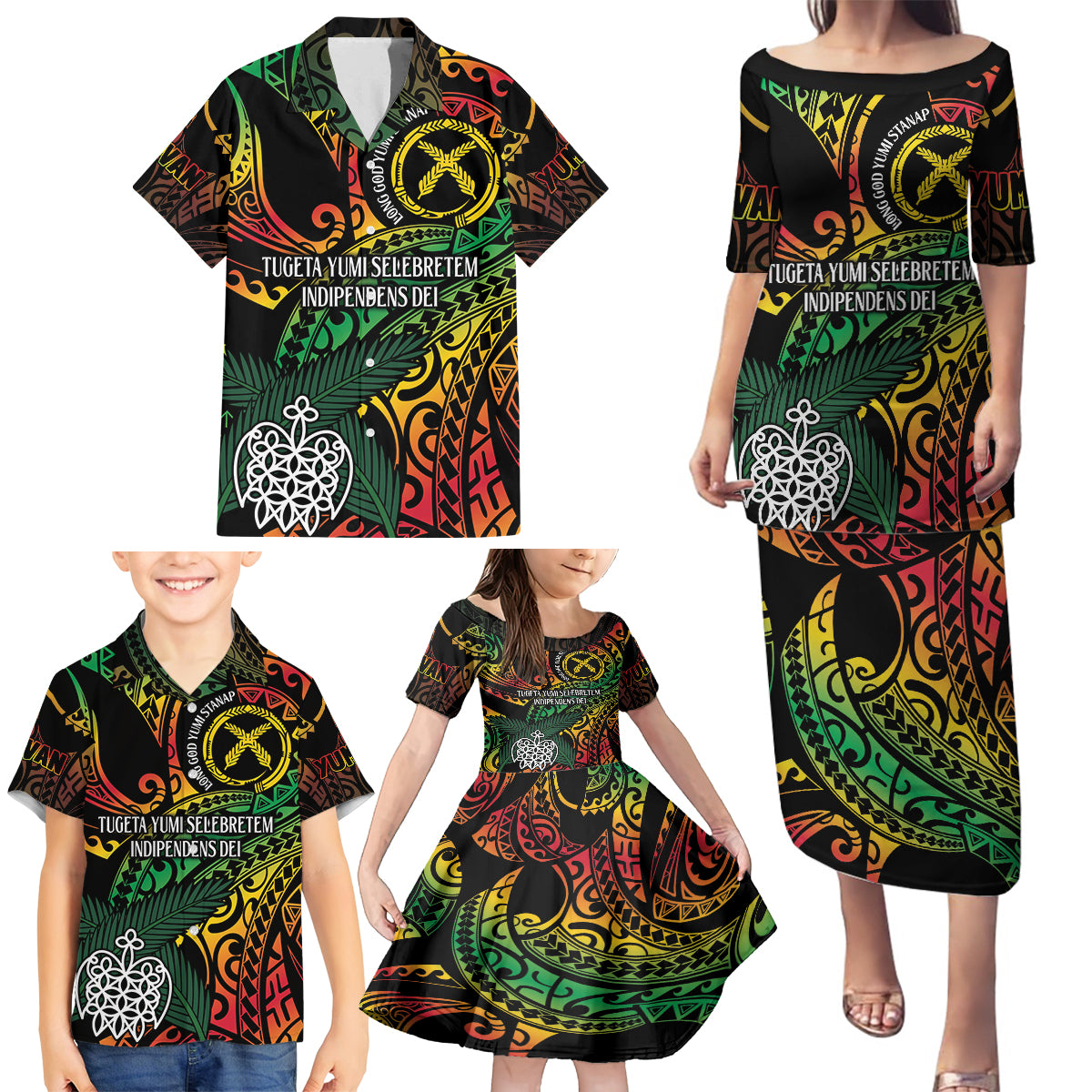 Vanuatu Indipendens Dei Family Matching Puletasi and Hawaiian Shirt Mix Traditional Sand Drawing LT7 - Polynesian Pride