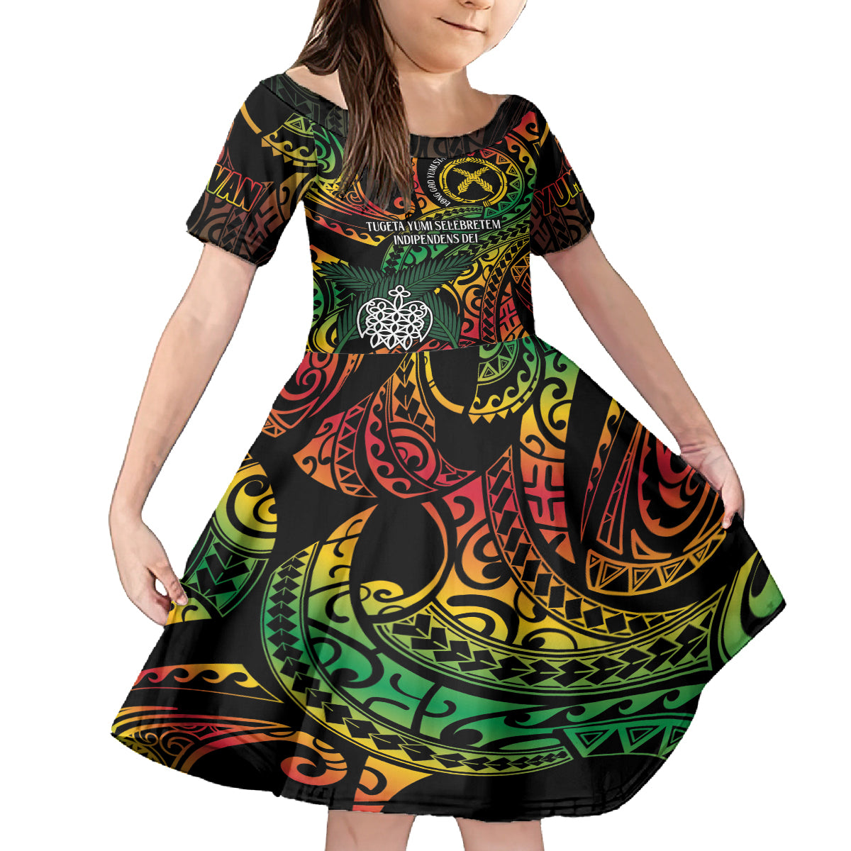 Vanuatu Indipendens Dei Family Matching Summer Maxi Dress and Hawaiian Shirt Mix Traditional Sand Drawing LT7 Daughter's Dress Colorful - Polynesian Pride