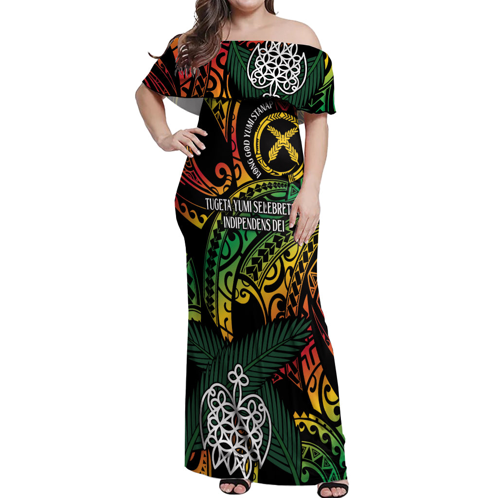 Vanuatu Indipendens Dei Off Shoulder Maxi Dress Mix Traditional Sand Drawing LT7 Women Colorful - Polynesian Pride