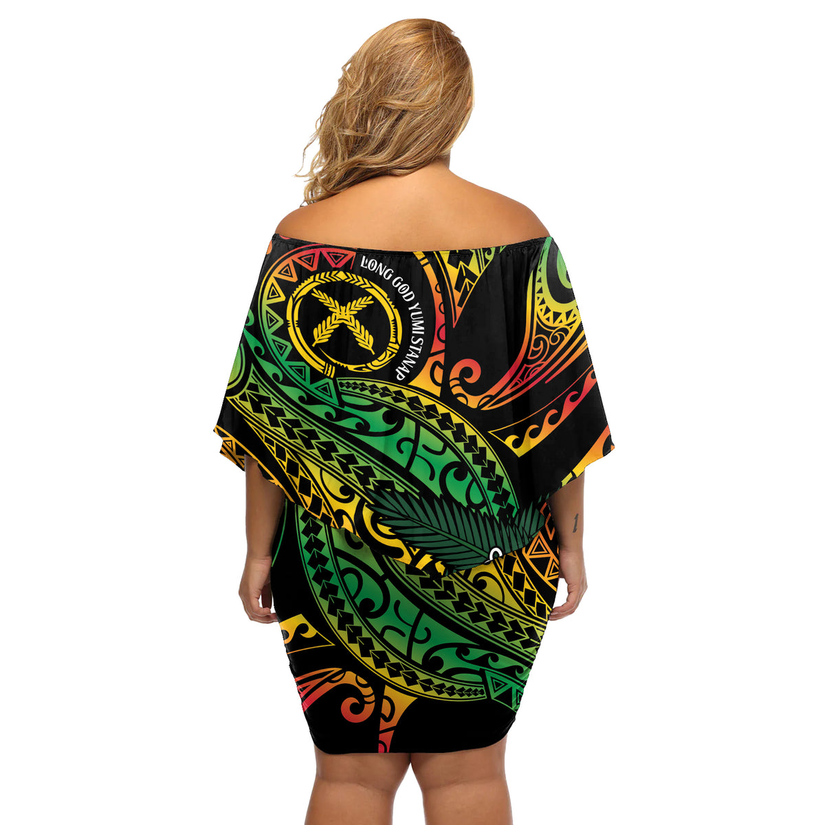 Vanuatu Indipendens Dei Off Shoulder Short Dress Mix Traditional Sand Drawing