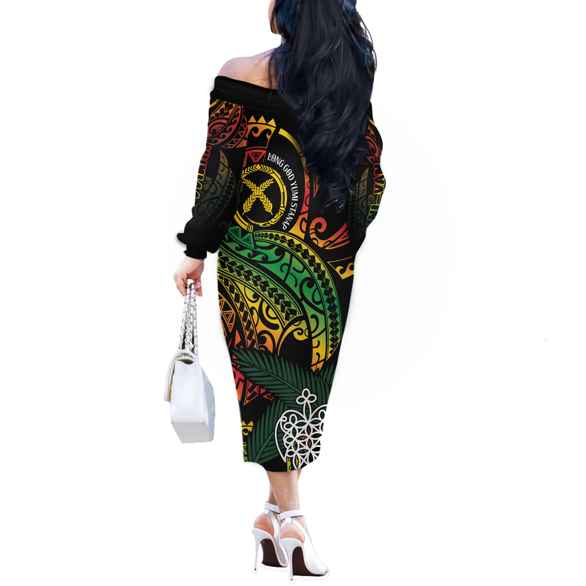 Vanuatu Indipendens Dei Off The Shoulder Long Sleeve Dress Mix Traditional Sand Drawing