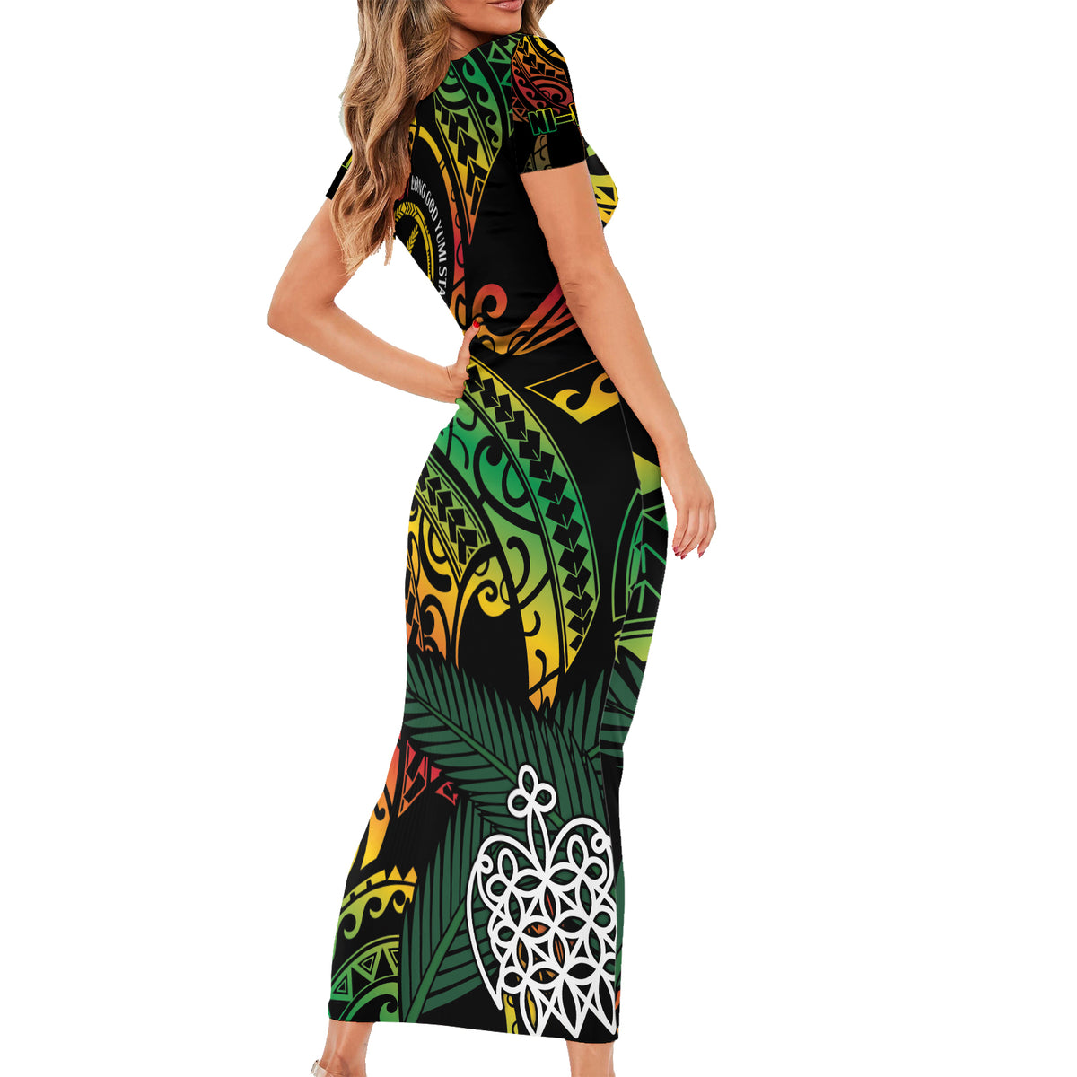 Vanuatu Indipendens Dei Short Sleeve Bodycon Dress Mix Traditional Sand Drawing