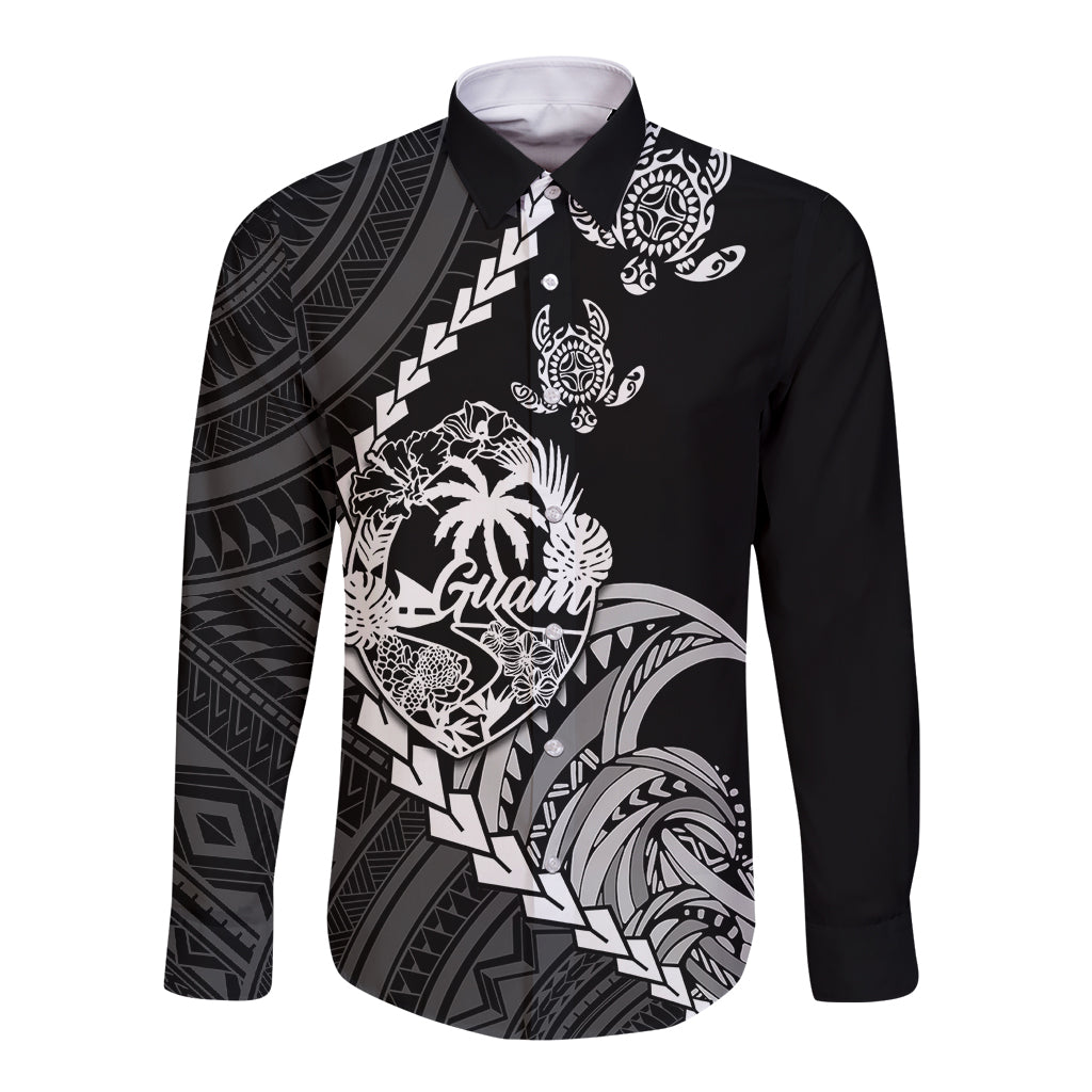 Personalised Guam Long Sleeve Button Shirt Tribal Turtles Curves Style - Black LT7 Unisex Black - Polynesian Pride