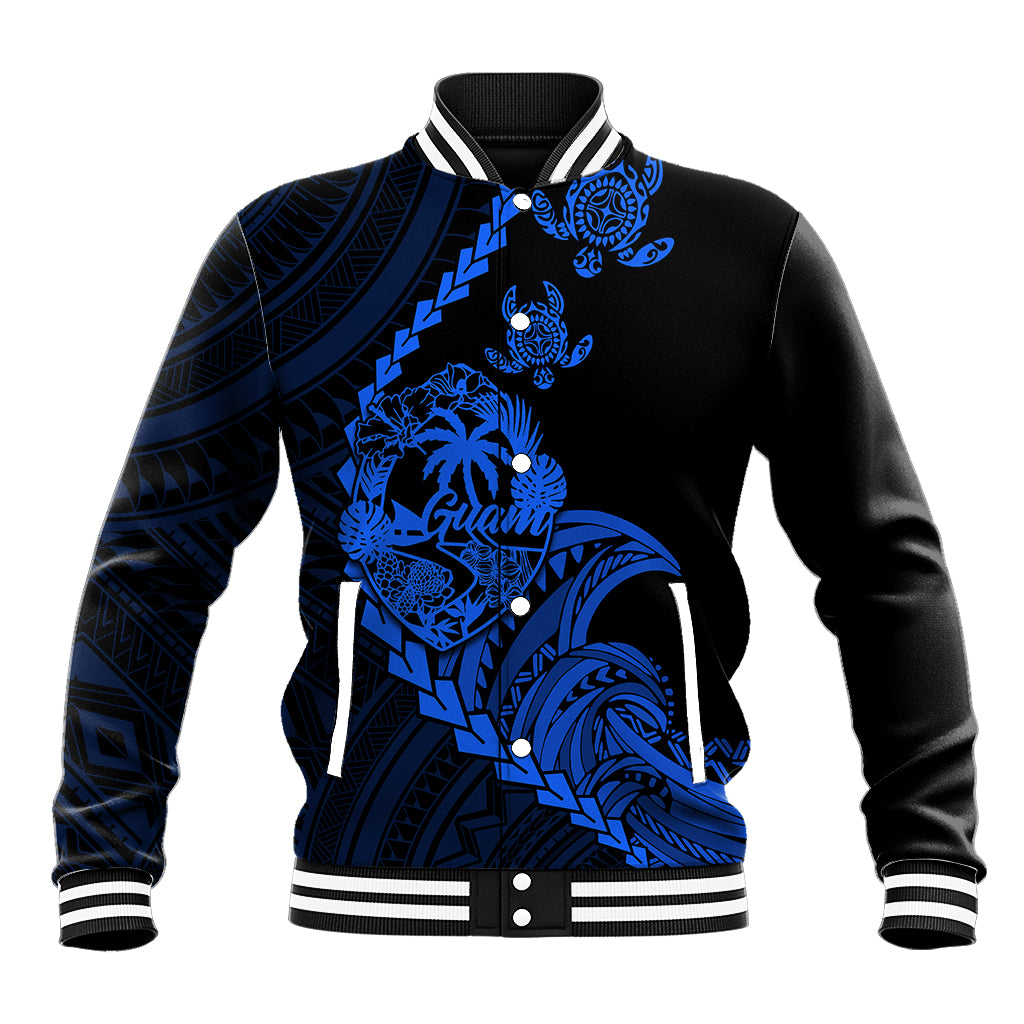 Personalised Guam Baseball Jacket Tribal Turtles Curves Style - Blue LT7 Unisex Blue - Polynesian Pride