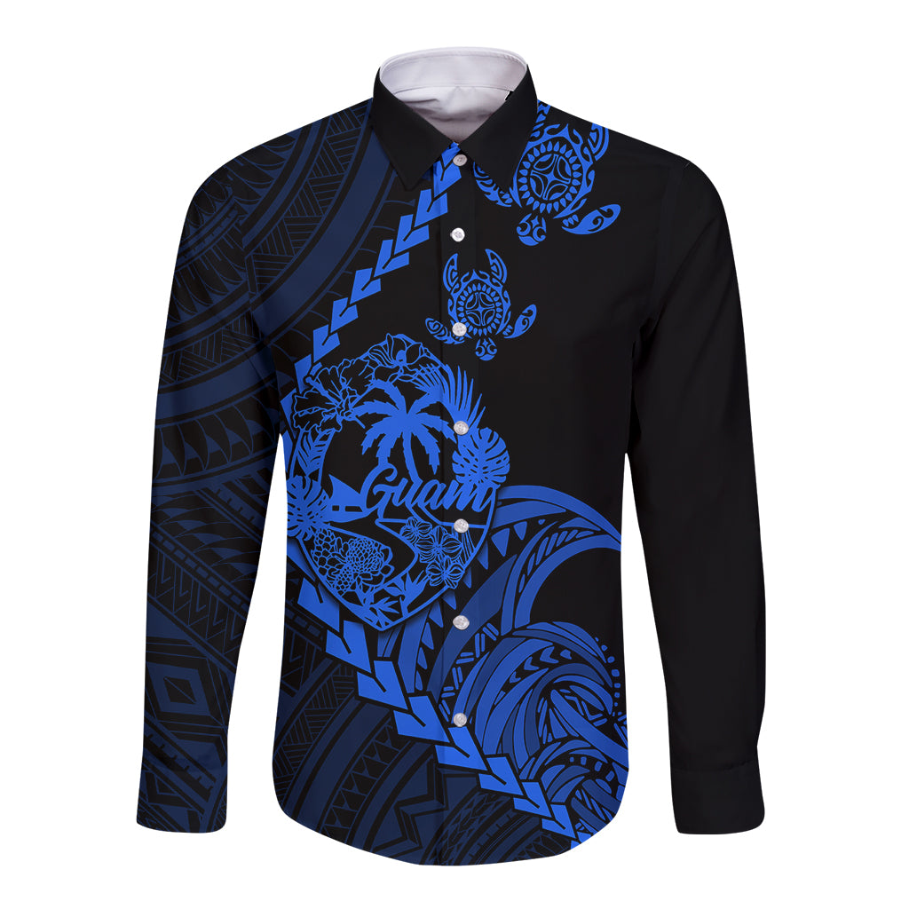 Personalised Guam Long Sleeve Button Shirt Tribal Turtles Curves Style - Blue LT7 Unisex Blue - Polynesian Pride