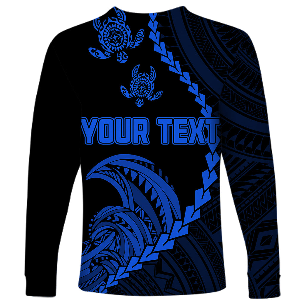 Personalised Guam Long Sleeve Shirt Tribal Turtles Curves Style - Blue LT7 - Polynesian Pride