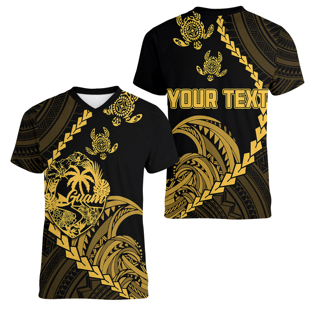 Personalised Guam Women V Neck T Shirt Tribal Turtles Curves Style - Gold LT7 - Polynesian Pride