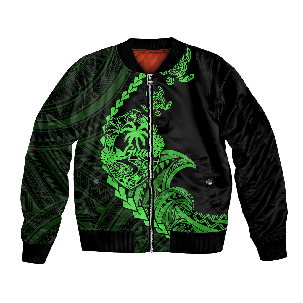 Personalised Guam Bomber Jacket Tribal Turtles Curves Style - Green LT7 Unisex Green - Polynesian Pride