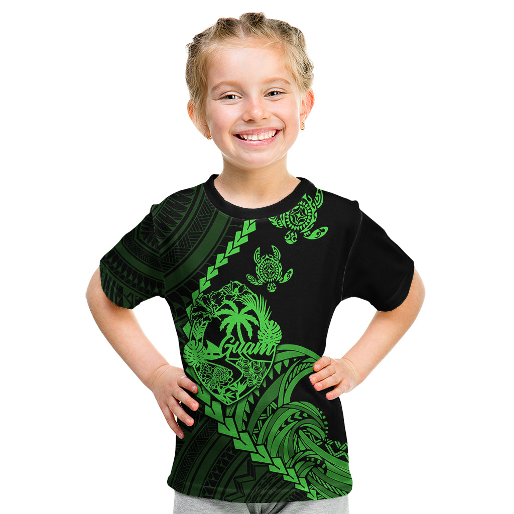Personalised Guam Kid T Shirt Tribal Turtles Curves Style - Green LT7 Green - Polynesian Pride