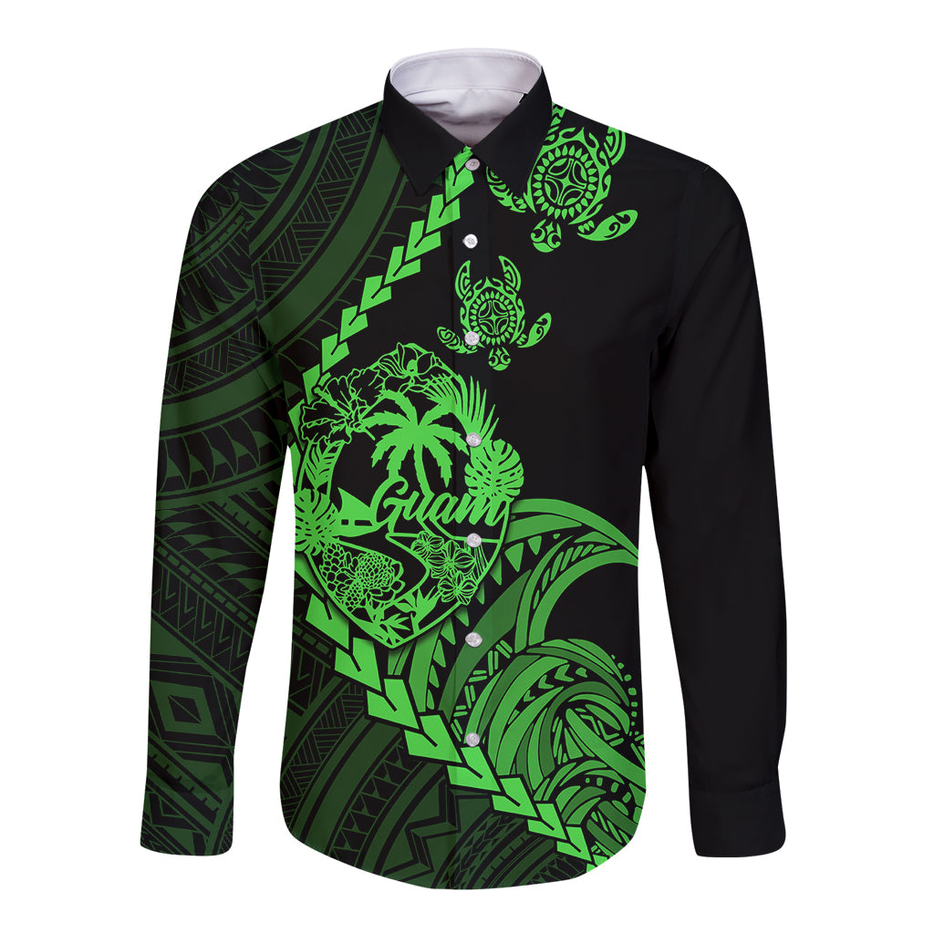 Personalised Guam Long Sleeve Button Shirt Tribal Turtles Curves Style - Green LT7 Unisex Green - Polynesian Pride