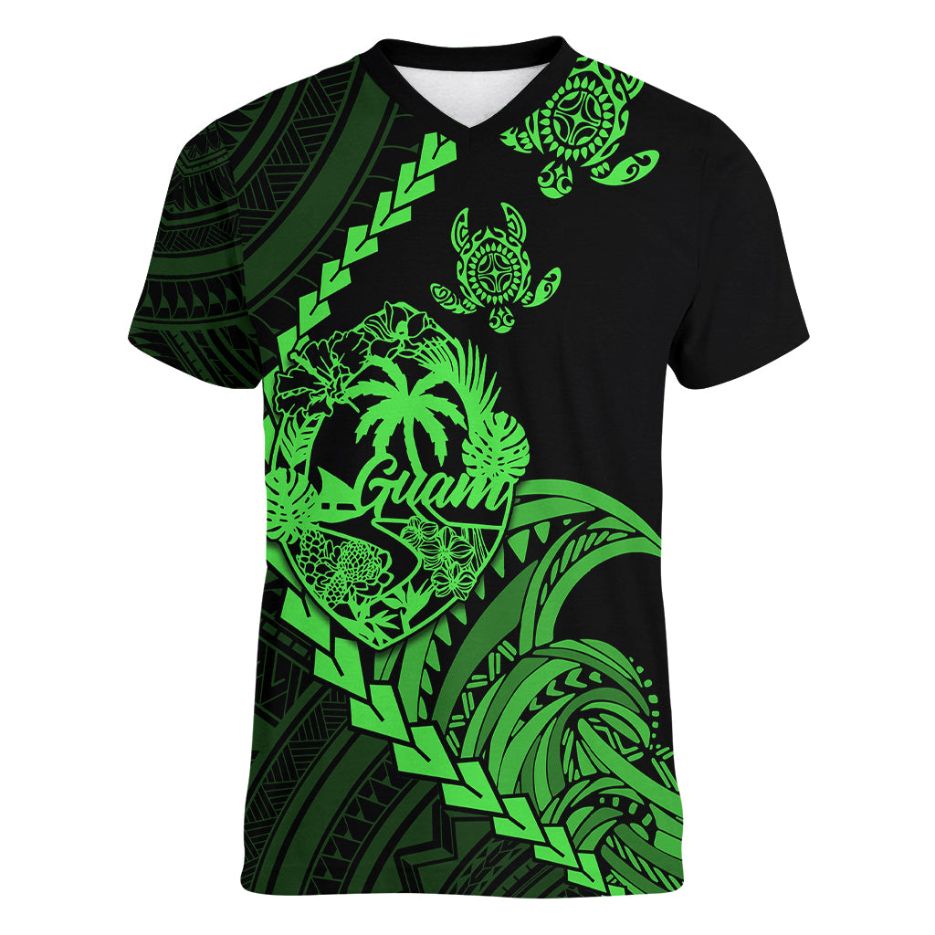 Personalised Guam Women V Neck T Shirt Tribal Turtles Curves Style - Green LT7 Female Green - Polynesian Pride