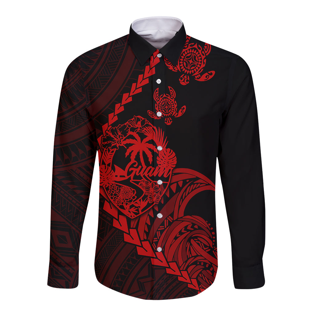 Personalised Guam Long Sleeve Button Shirt Tribal Turtles Curves Style - Red LT7 Unisex Red - Polynesian Pride