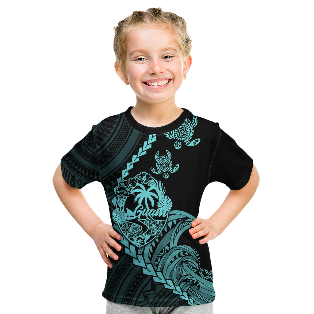 Personalised Guam Kid T Shirt Tribal Turtles Curves Style - Turquoise LT7 Turquoise - Polynesian Pride