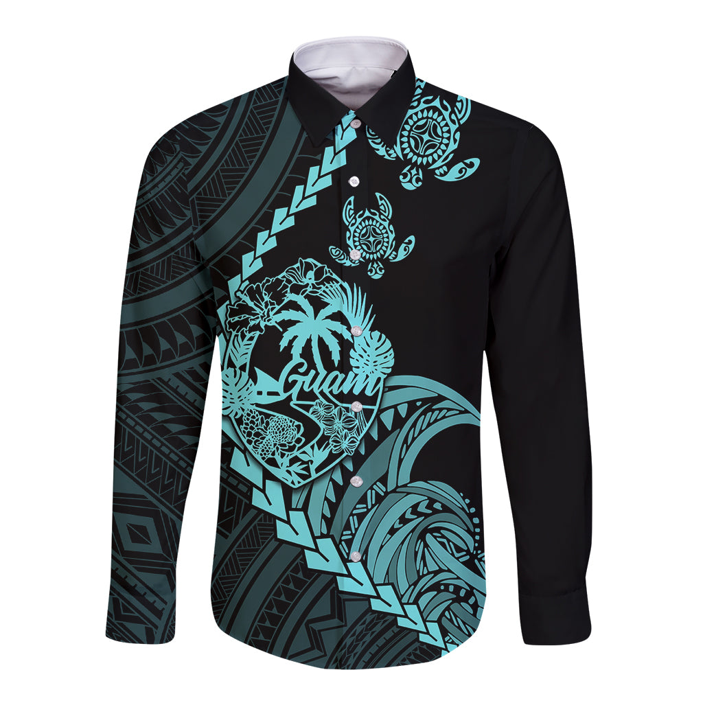 Personalised Guam Long Sleeve Button Shirt Tribal Turtles Curves Style - Turquoise LT7 Unisex Turquoise - Polynesian Pride