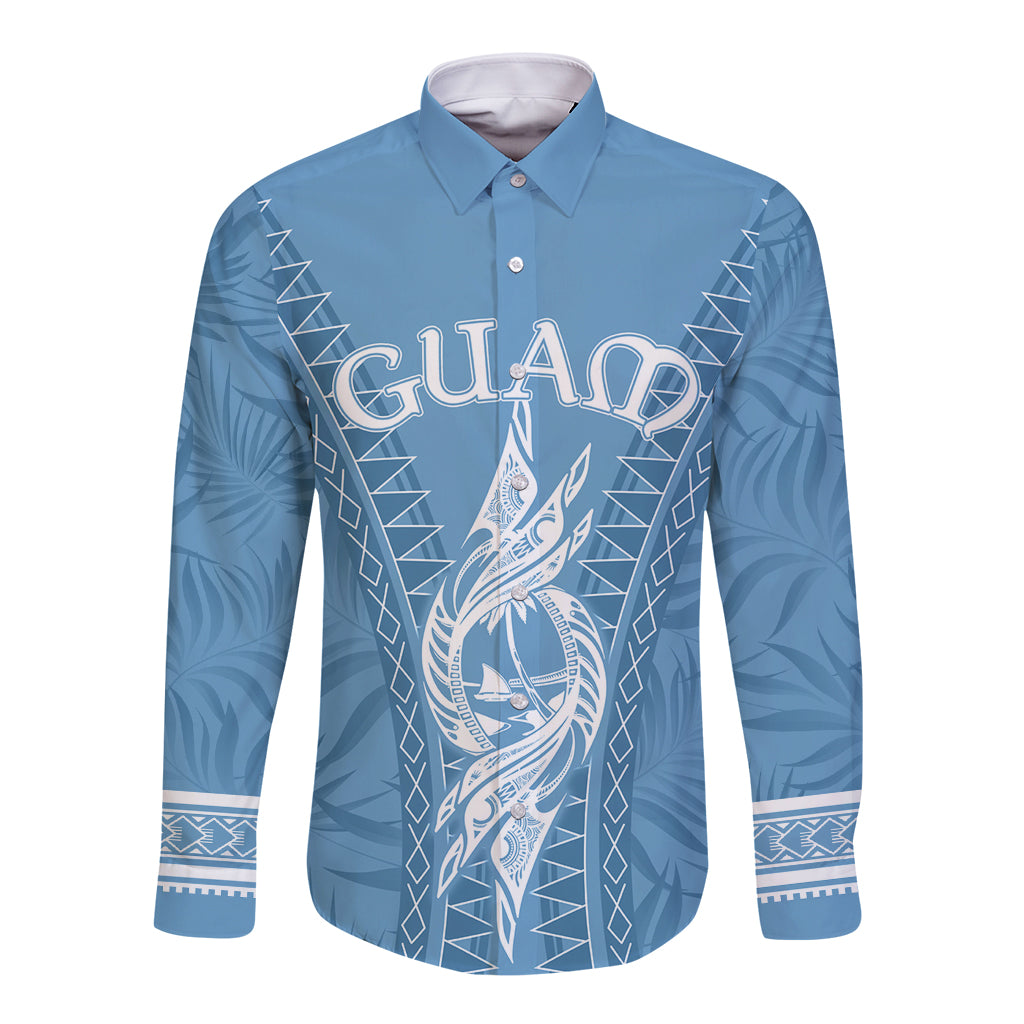 Personalised Guam Long Sleeve Button Shirt Chamoro Latte Stone Mix Tropical - Blue LT7 Unisex Blue - Polynesian Pride