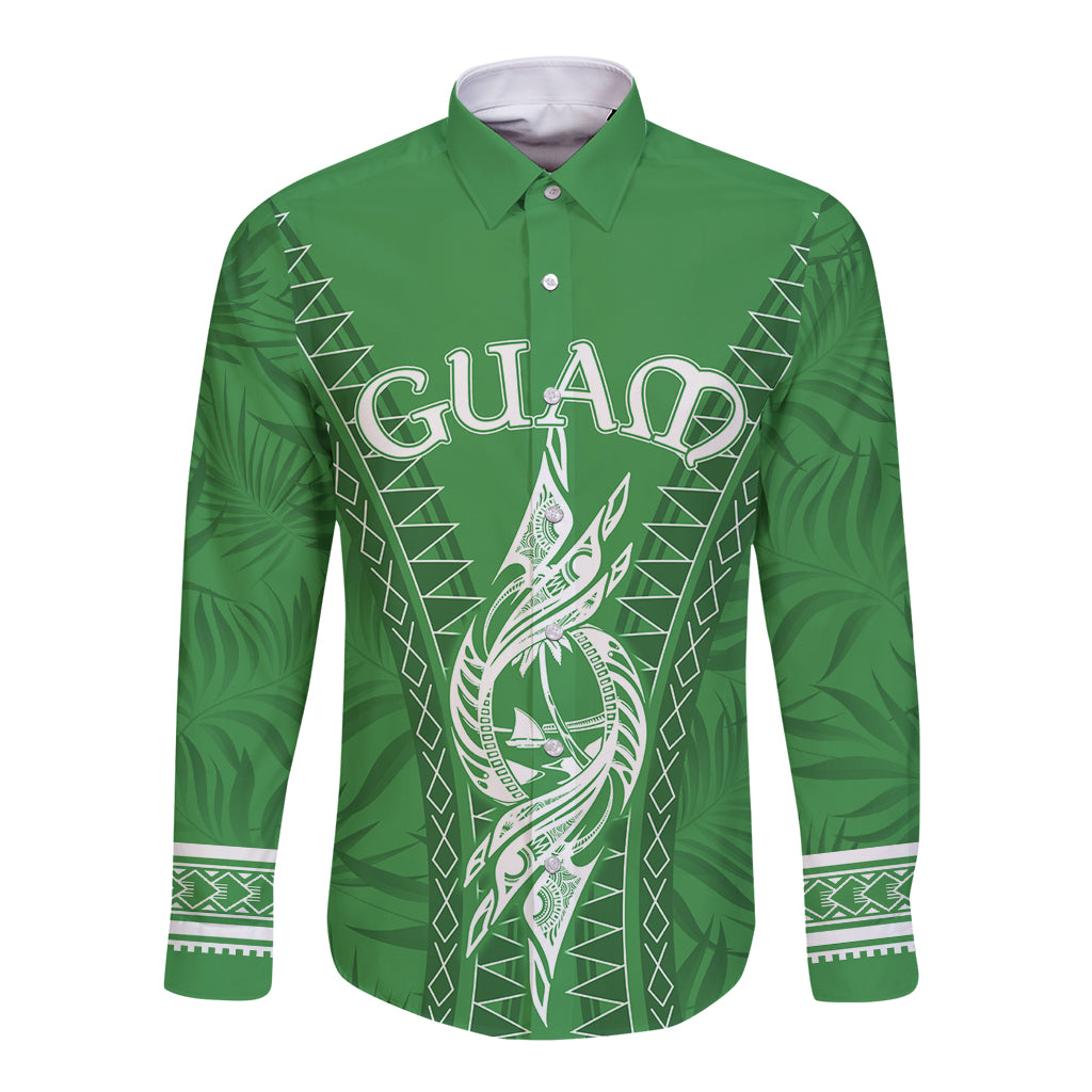 Personalised Guam Long Sleeve Button Shirt Chamoro Latte Stone Mix Tropical - Green LT7 Unisex Green - Polynesian Pride