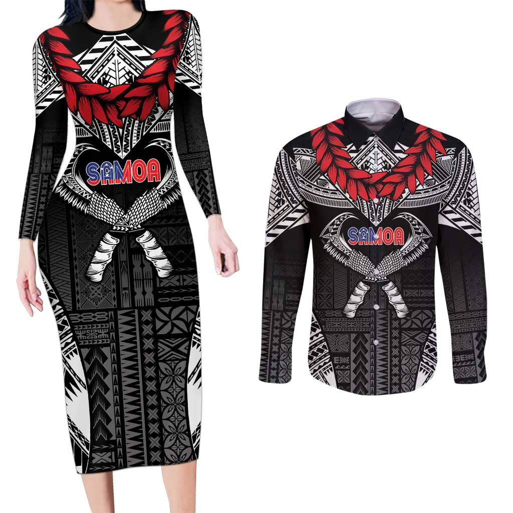 Personalized Talofa Samoa Couples Matching Long Sleeve Bodycon Dress and Long Sleeve Button Shirt Ulafala With Toa Nifo'oti - Black