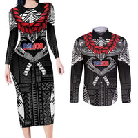 Personalized Talofa Samoa Couples Matching Long Sleeve Bodycon Dress and Long Sleeve Button Shirt Ulafala With Toa Nifo'oti - Black