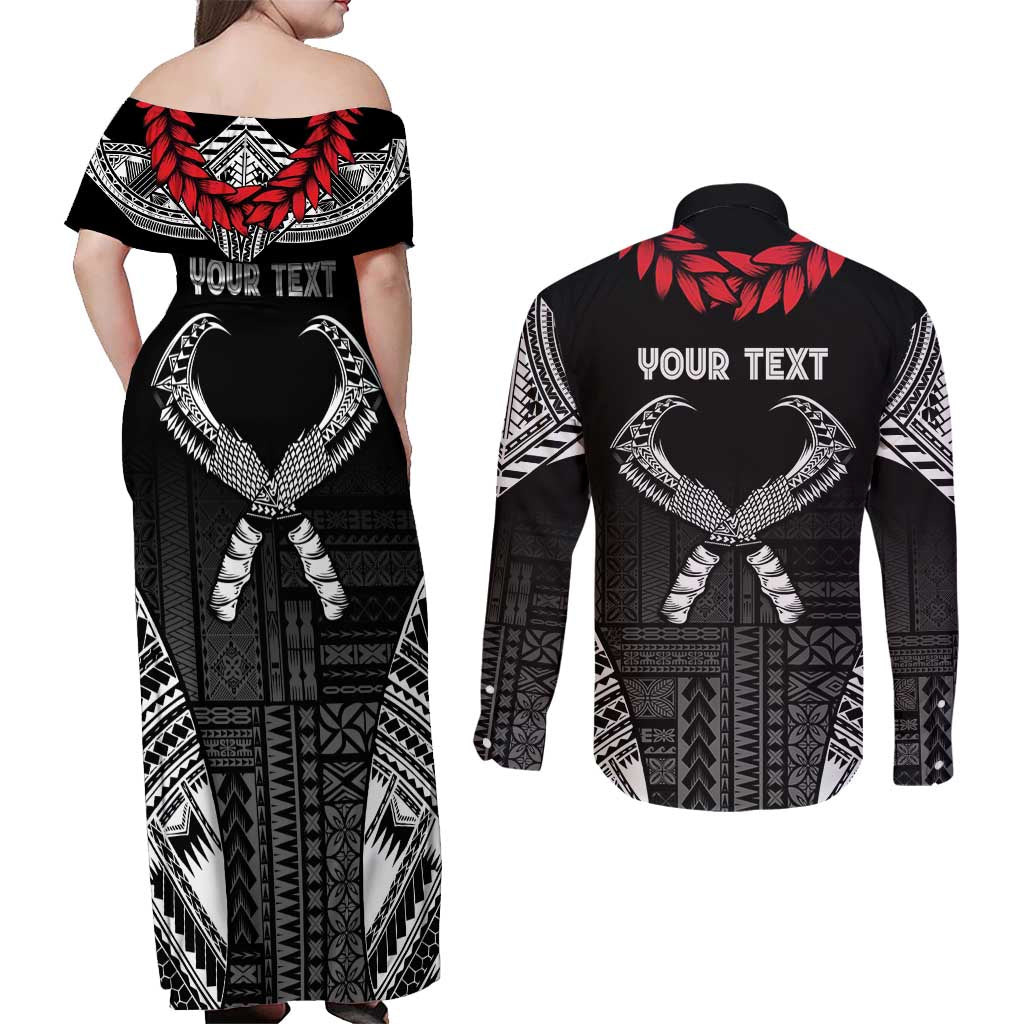 Personalized Talofa Samoa Couples Matching Off Shoulder Maxi Dress and Long Sleeve Button Shirt Ulafala With Toa Nifo'oti - Black